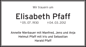 Traueranzeige von Elisabeth Pfaff von Rüsselsheimer Echo, Groß-Gerauer-Echo, Ried Echo