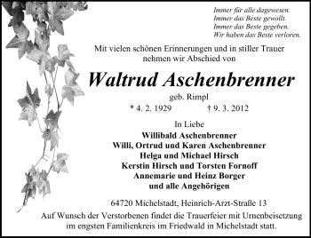 Traueranzeige von Waltrud Aschenbrenner von Odenwälder Echo