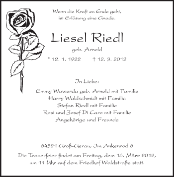 Traueranzeige von Liesel Riedl von Rüsselsheimer Echo, Groß-Gerauer-Echo, Ried Echo