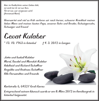 Traueranzeige von Cevat Kulaber von Rüsselsheimer Echo, Groß-Gerauer-Echo, Ried Echo