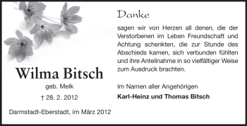 Traueranzeige von Wilma Bitsch von Echo-Zeitungen (Gesamtausgabe)