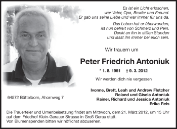Traueranzeige von Peter Friedrich Antoniuk von Darmstädter Echo, Odenwälder Echo, Rüsselsheimer Echo, Groß-Gerauer-Echo, Ried Echo