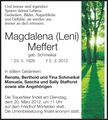 Traueranzeige von Magdalena Meffert von Rüsselsheimer Echo, Groß-Gerauer-Echo, Ried Echo