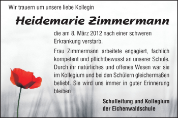 Traueranzeige von Heidemarie Zimmermann von Echo-Zeitungen (Gesamtausgabe)