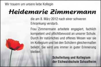 Traueranzeige von Heidemarie Zimmermann von Echo-Zeitungen (Gesamtausgabe)