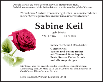 Traueranzeige von Sabine Keil von Rüsselsheimer Echo, Groß-Gerauer-Echo, Ried Echo