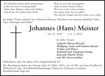 Traueranzeige von Johannes Meister von Starkenburger Echo