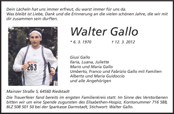 Traueranzeige von Walter Gallo von Echo-Zeitungen (Gesamtausgabe)