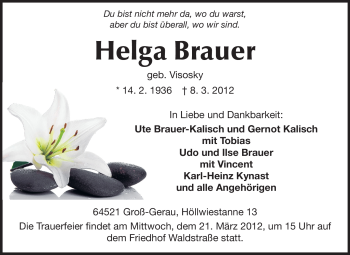 Traueranzeige von Helga Brauer von Rüsselsheimer Echo, Groß-Gerauer-Echo, Ried Echo