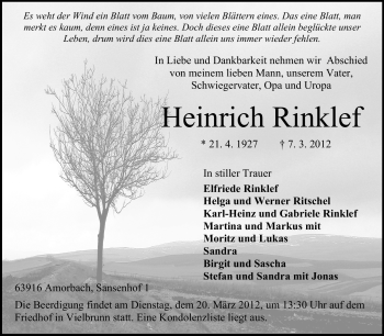 Traueranzeige von Heinrich Rinklef von Odenwälder Echo