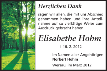 Traueranzeige von Elisabethe Hohm von Echo-Zeitungen (Gesamtausgabe)