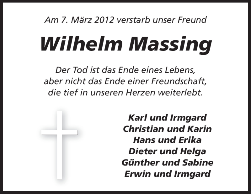  Traueranzeige für Wilhelm Massing vom 16.03.2012 aus Rüsselsheimer Echo, Groß-Gerauer-Echo, Ried Echo