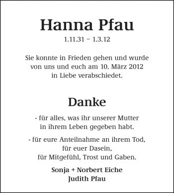 Traueranzeige von Hanna Pfau von Echo-Zeitungen (Gesamtausgabe)