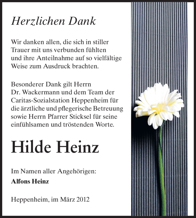  Traueranzeige für Hilde Heinz vom 16.03.2012 aus Starkenburger Echo