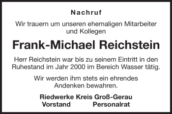 Traueranzeige von Frank-Michael Reichstein von Rüsselsheimer Echo, Groß-Gerauer-Echo, Ried Echo