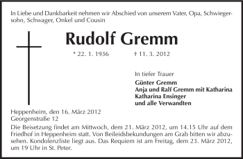 Traueranzeige von Rudolf Gremm von Starkenburger Echo