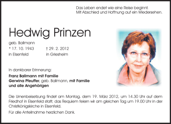 Traueranzeige von Hedwig Prinzen von Echo-Zeitungen (Gesamtausgabe)