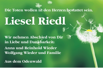 Traueranzeige von Liesel Riedl von Rüsselsheimer Echo, Groß-Gerauer-Echo, Ried Echo