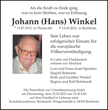 Traueranzeige von Johann Winkel von Darmstädter Echo, Odenwälder Echo, Rüsselsheimer Echo, Groß-Gerauer-Echo, Ried Echo