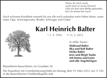 Traueranzeige von Karl Heinrich Balter von Rüsselsheimer Echo, Groß-Gerauer-Echo, Ried Echo