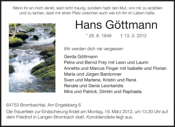 Traueranzeige von Hans Göttmann von Odenwälder Echo