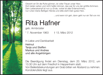 Traueranzeige von Rita Hafner von Starkenburger Echo