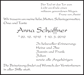 Traueranzeige von Anna Schaffner von Rüsselsheimer Echo, Groß-Gerauer-Echo, Ried Echo