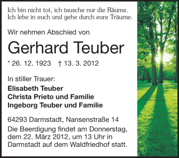 Traueranzeige von Gerhard Teuber von Echo-Zeitungen (Gesamtausgabe)