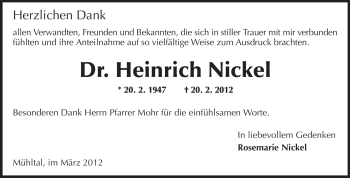 Traueranzeige von Heinrich Nickel von Echo-Zeitungen (Gesamtausgabe)