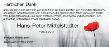 Traueranzeige von Hans-Peter Mittelstädter von Echo-Zeitungen (Gesamtausgabe)