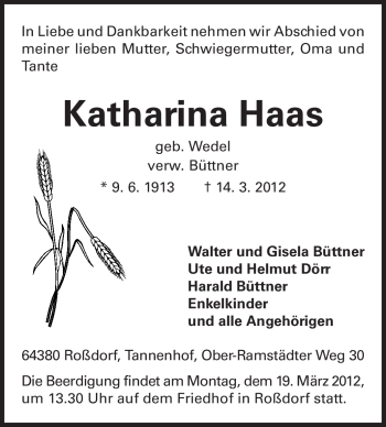 Traueranzeige von Katharina Haas von Echo-Zeitungen (Gesamtausgabe)