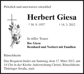 Traueranzeige von Herbert Giesa von Rüsselsheimer Echo, Groß-Gerauer-Echo, Ried Echo