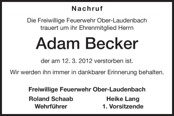 Traueranzeige von Adam Becker von Starkenburger Echo