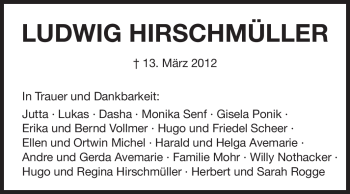 Traueranzeige von Ludwig Hirschmüller von Darmstädter Echo, Odenwälder Echo, Rüsselsheimer Echo, Groß-Gerauer-Echo, Ried Echo