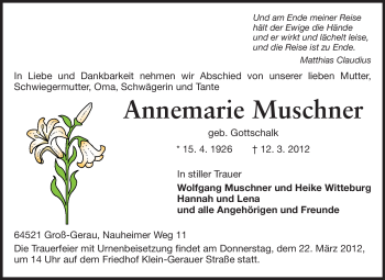 Traueranzeige von Annemarie Muschner von Rüsselsheimer Echo, Groß-Gerauer-Echo, Ried Echo