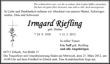 Traueranzeige von Irmgard Riefling von Odenwälder Echo