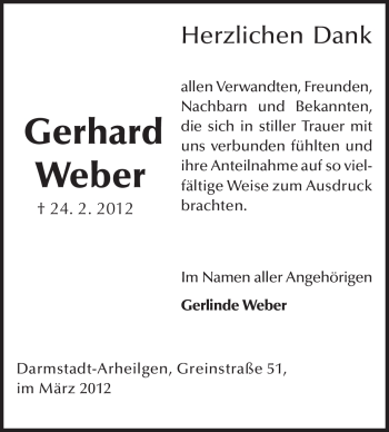 Traueranzeige von Gerhard Weber von Darmstädter Echo, Odenwälder Echo, Rüsselsheimer Echo, Groß-Gerauer-Echo, Ried Echo