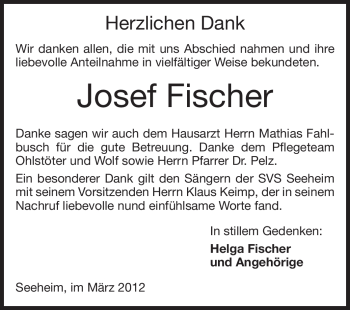 Traueranzeige von Josef Fischer von Echo-Zeitungen (Gesamtausgabe)
