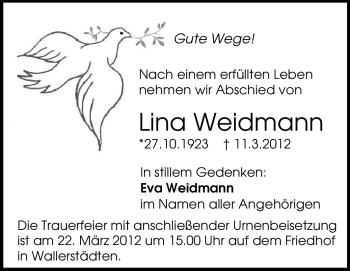 Traueranzeige von Lina Weidmann von Rüsselsheimer Echo, Groß-Gerauer-Echo, Ried Echo
