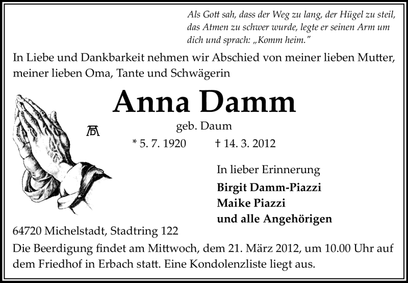  Traueranzeige für Anna Damm vom 17.03.2012 aus Odenwälder Echo