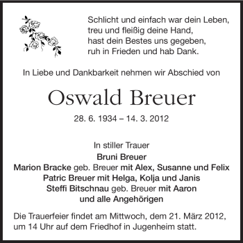 Traueranzeige von Oswald Breuer von Echo-Zeitungen (Gesamtausgabe)