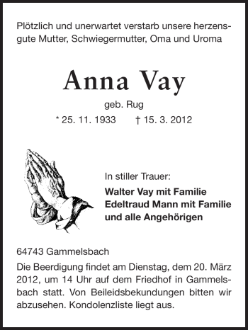Traueranzeige von Anna Vay von Odenwälder Echo