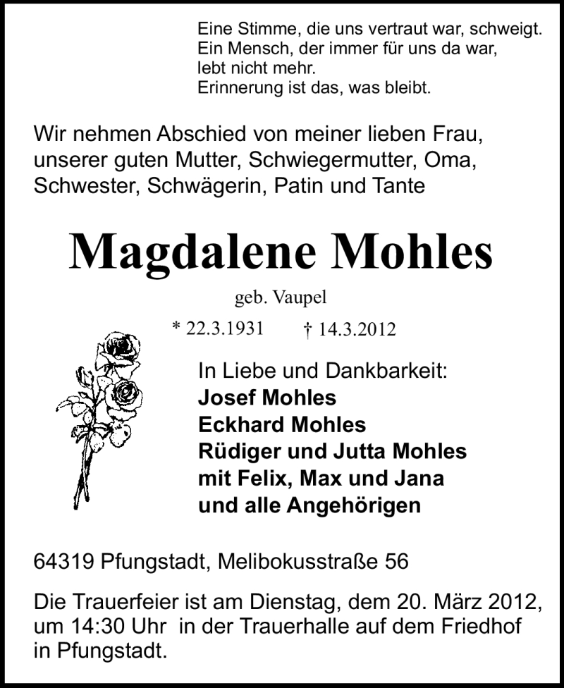  Traueranzeige für Magdalene Mohles vom 17.03.2012 aus Echo-Zeitungen (Gesamtausgabe)