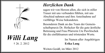 Traueranzeige von Willi Lang von Odenwälder Echo