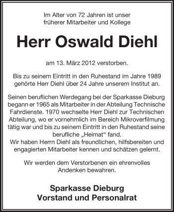 Traueranzeige von Oswald Diehl von Echo-Zeitungen (Gesamtausgabe)
