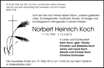 Traueranzeige von Norbert Heinrich Koch von Rüsselsheimer Echo, Groß-Gerauer-Echo, Ried Echo