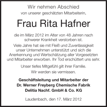 Traueranzeige von Rita Hafner von Starkenburger Echo