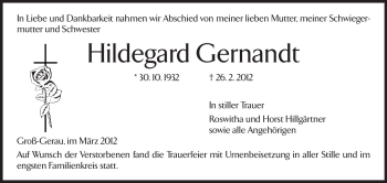 Traueranzeige von Hildegard Gernandt von Rüsselsheimer Echo, Groß-Gerauer-Echo, Ried Echo