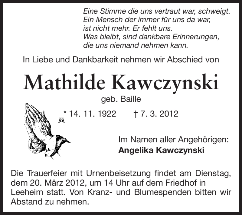  Traueranzeige für Mathilde Kawczynski vom 17.03.2012 aus Rüsselsheimer Echo, Groß-Gerauer-Echo, Ried Echo