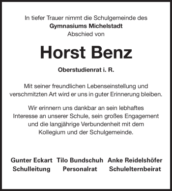Traueranzeige von Horst Benz von Odenwälder Echo